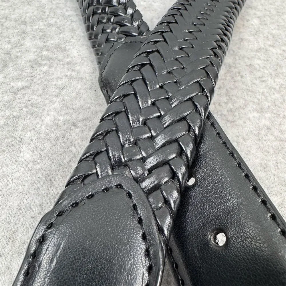 Men's Black Braided Leather Belt with Silver Buckle Size 40